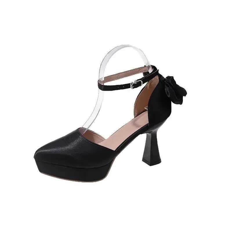 High Heels Women 2024 Summer New Fashion Satin Face Pointed Toe High Heel Sandals Bow One Word Buckle Thick Heel Womens Shoes W250910