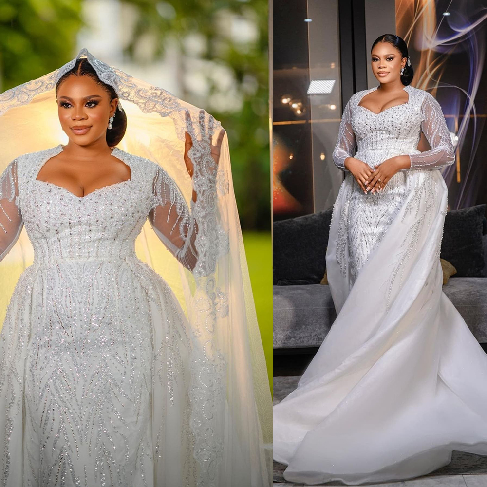 Classic Mermaid Wedding Dress Sequins Lace Bridal Gowns Sweetheart Neck Long Sleeves Detachable Train Dresses Custom Made vestidos de novia