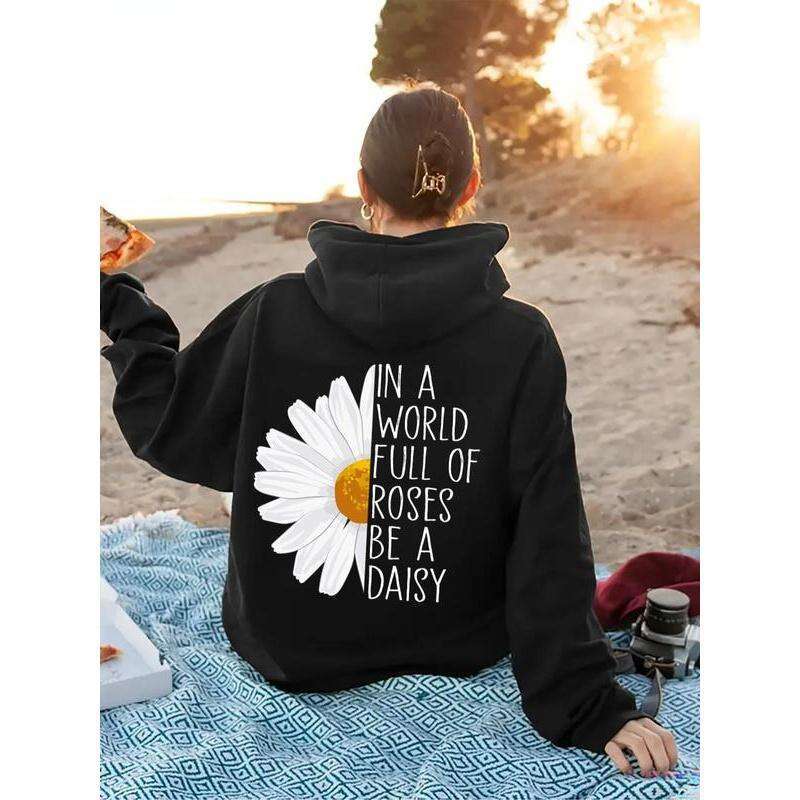 Women's Floal Lette Pint Dop Shoulde Hoodie, Fashion Casual Dawsting Pocket Hooded Sweatshit Daily Holiday Outdoo Wea, Ladies Clothes fo Fall &