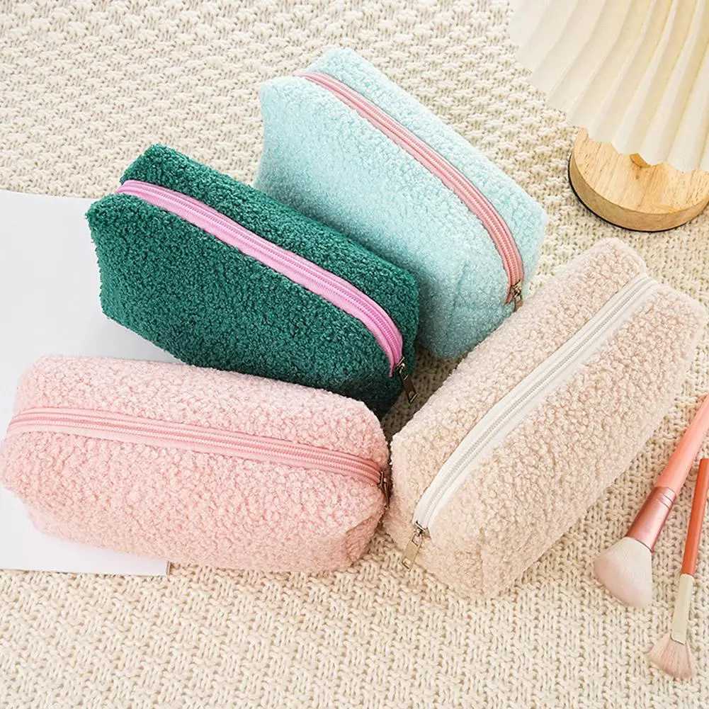 Zipper Plush Cute Large Solid Color Cosmetic Bag Makeup Bag for Women Travel Make Up Toiletry Bag Washing Pouch Pen PouchXJ250910