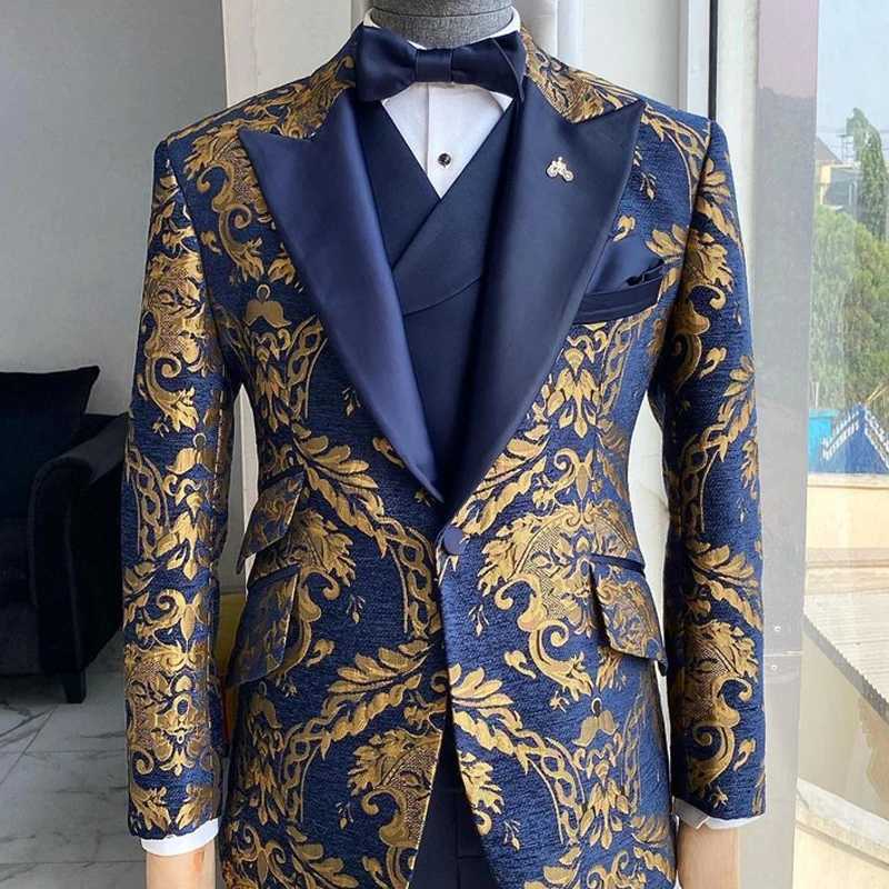 Floral Jacquard Tuxedo Suits for Men Wedding Slim Fit Navy Blue and Gold Gentleman Jacket with Vest Pant 3 Pieces Male Costume W250910