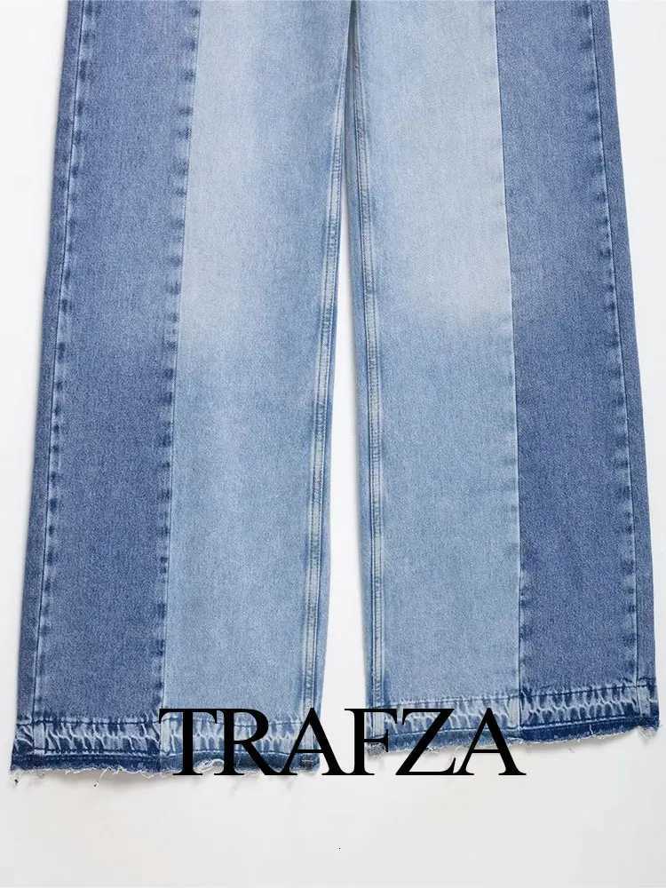TRAFZA 2025 Summer Womens Fashionable Spliced loose Widefoot Jeans Retro High Neck Pocket Decoration Womens Streetwear Y2K Z250910