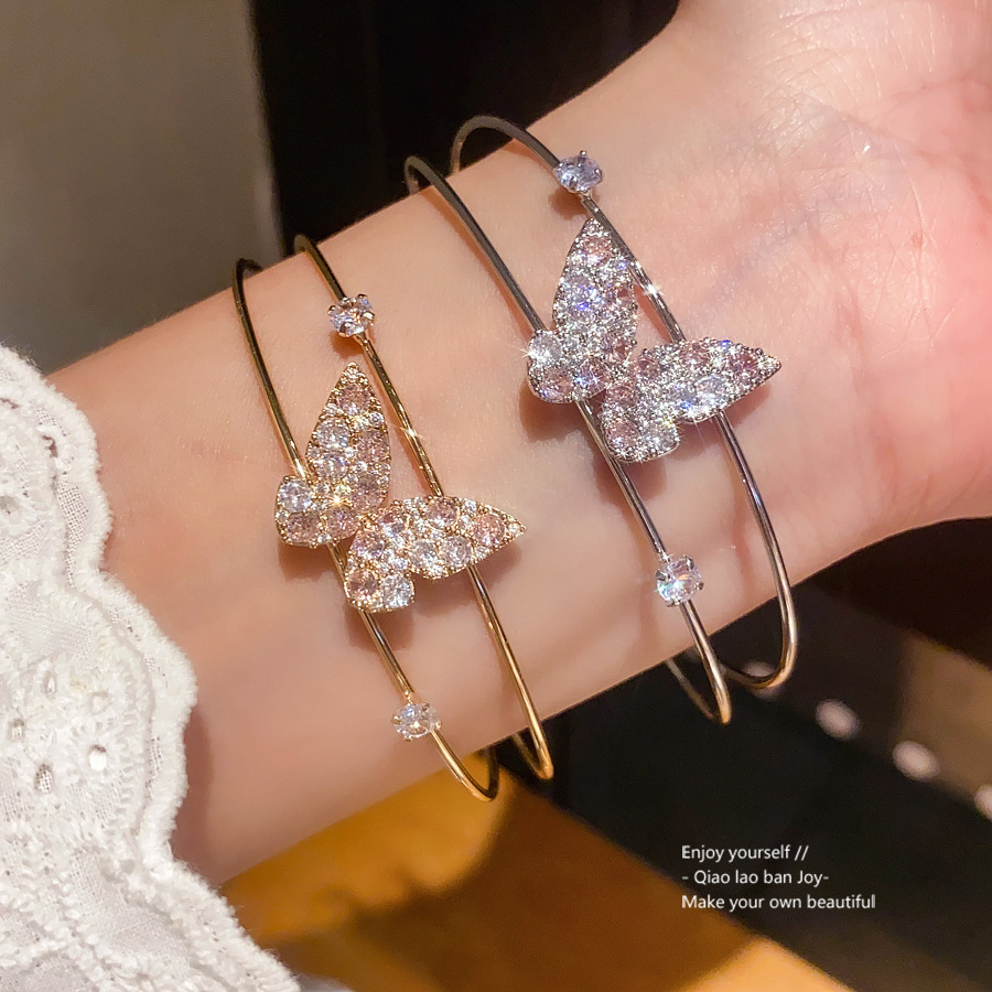 Gold-Tone Double-Layer Open Bangle With Crystal-Encrusted Butterfly Accent & Tiny Crystal Details, Sweet Sparkly Style, Ideal For Elevating Feminine D