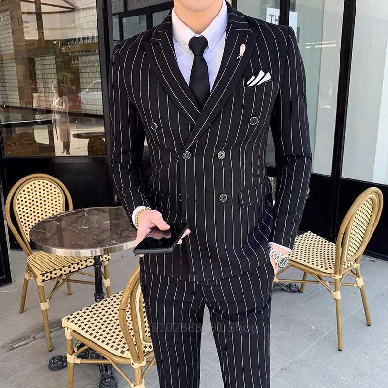 Vertical Stripe Mens Suit Homme Slim Fit Business Korean Edition Double Breasted Suit Wedding Banquet Set of 2 Pieces W250910