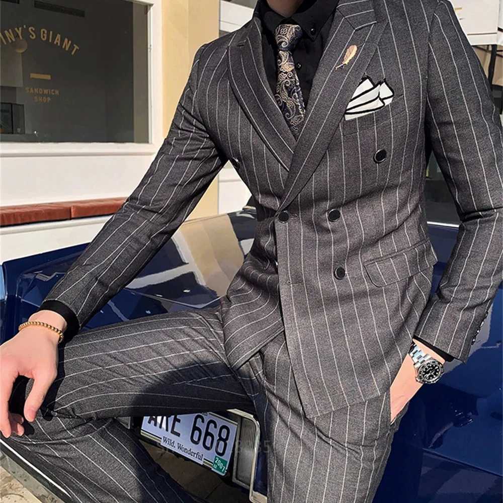 XS6XL suit jacket extended pants highend brand striped mens casual business double breasted suit grooms wedding slim fit men W250910