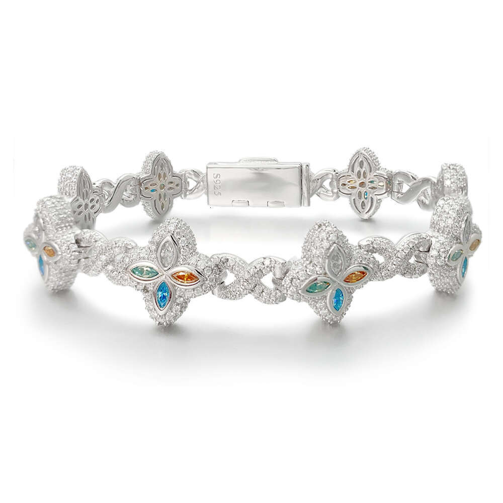 15mm New Marquise Flower Design Colorful Sliver Hip Hop Jewelry Iced Out Cuban Link Moissanite Bracelet