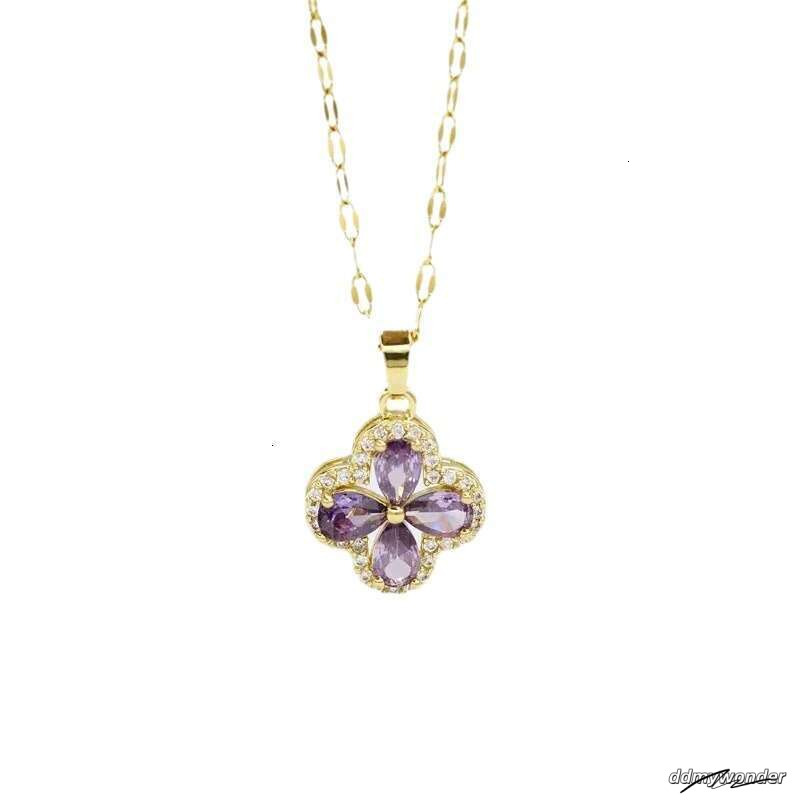 New Violet Four-Leaf Clover Necklace Fashion Versatile Clavicle Chain For Women Light Design High-End Feel ddmywonder ddmywonder ddmywonder