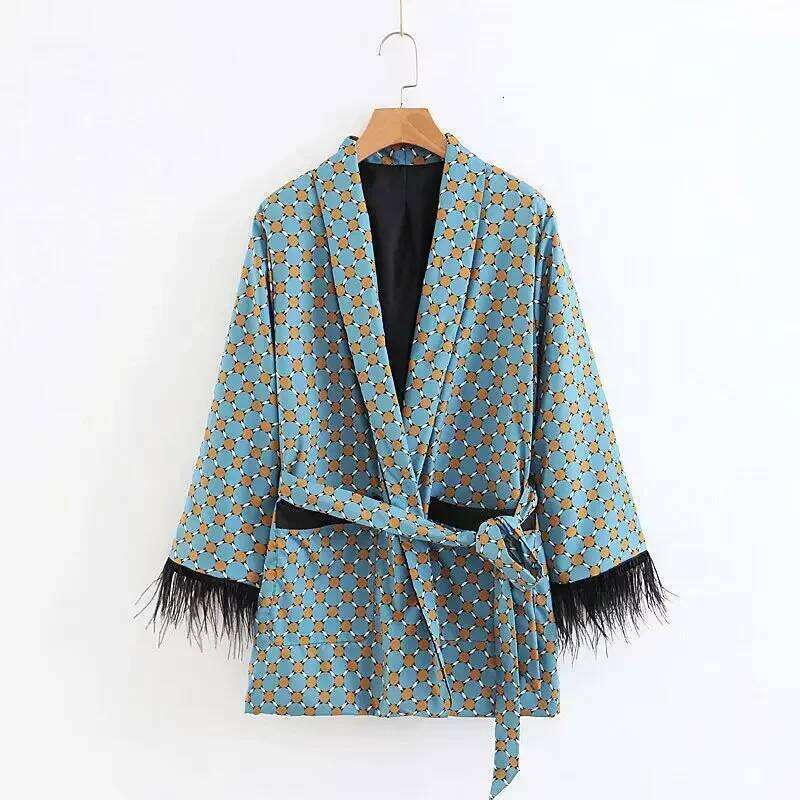 Designer Clothing 2025 Women Set Spring Fashion Blue Printed Kimono Jacket With Feather Sleeves Wide Leg Pants Two Piece Vintage Elegant Ladies Suits