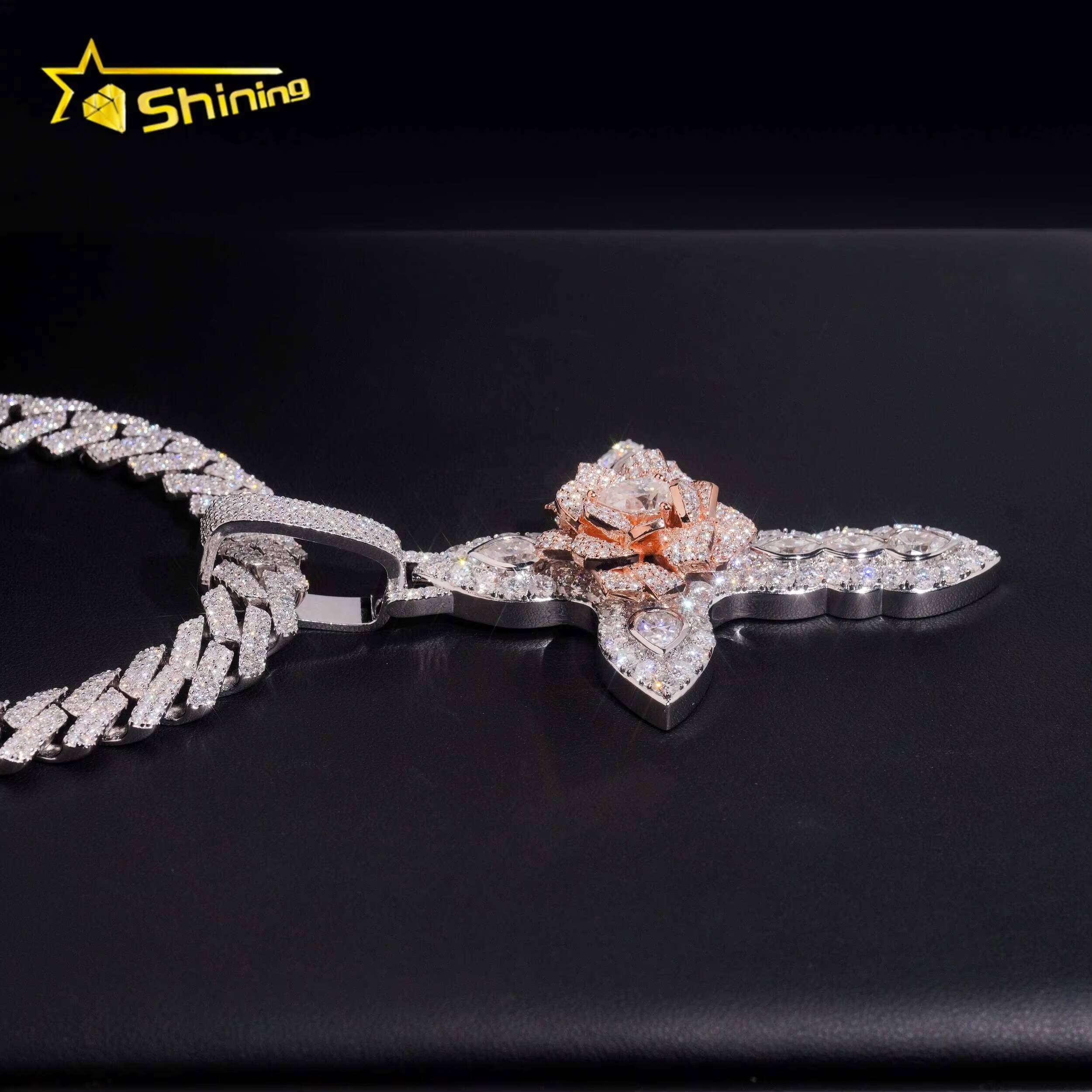 Solid Heavy Two Tone VVS Diamond Hip Hop 925 Silver Iced Out 3D Custom Moissanite Cross Pendant