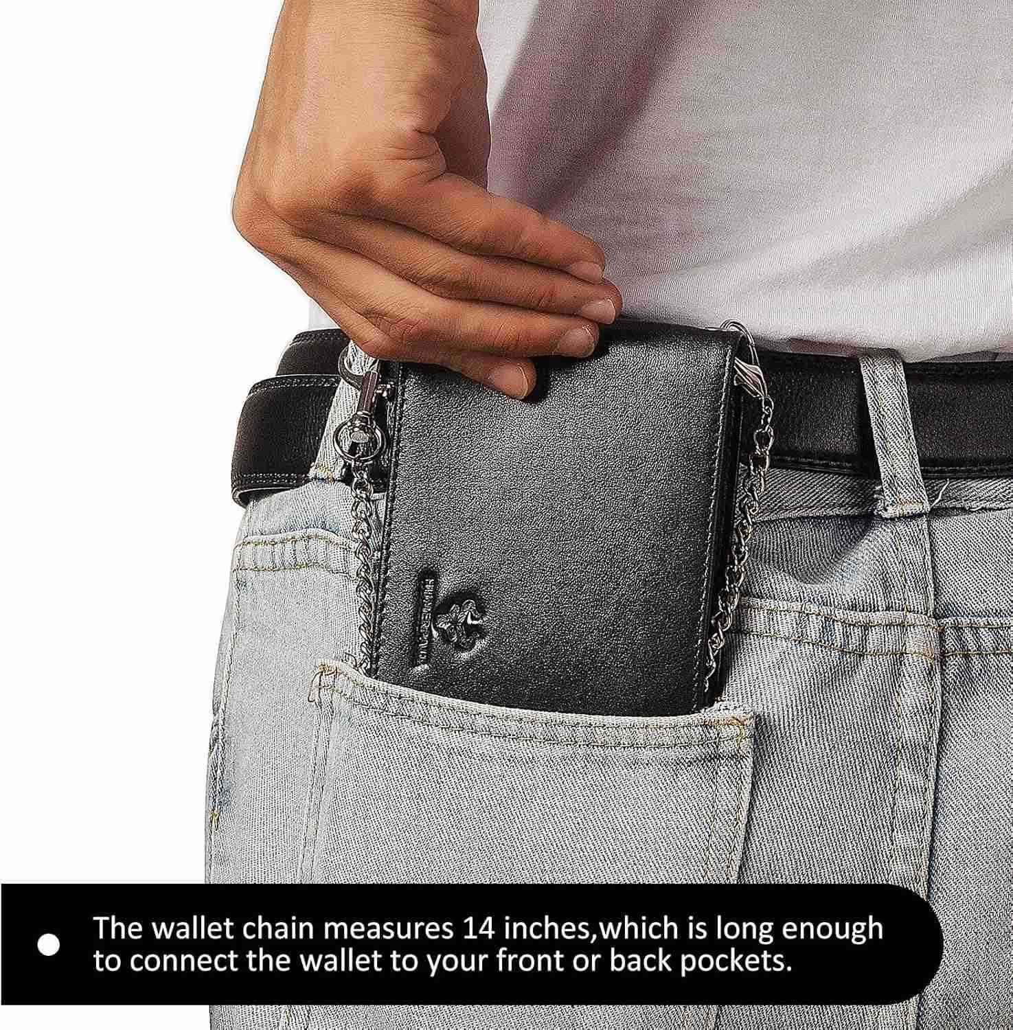 Mens Wallet with Chain RFID Blocking Genuine Leather Bifold Wallet Minimalist With 2 ID Window BlackZ250910