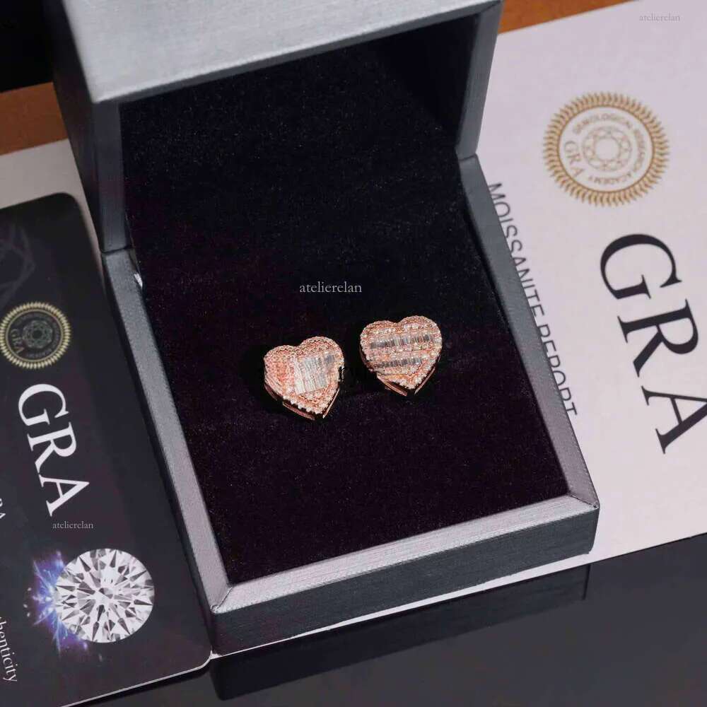 Elegant Classic Sterling Sier Special Heart Stud Earrings Inlaid With Rectangle Moissanite for Women and Men