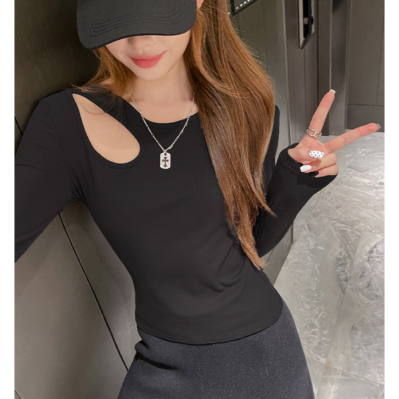 2025 early autumn new regular shoulder long sleeved women's basic design shirt for wearing inside and outside, sexy hollow out high-end slim fit 