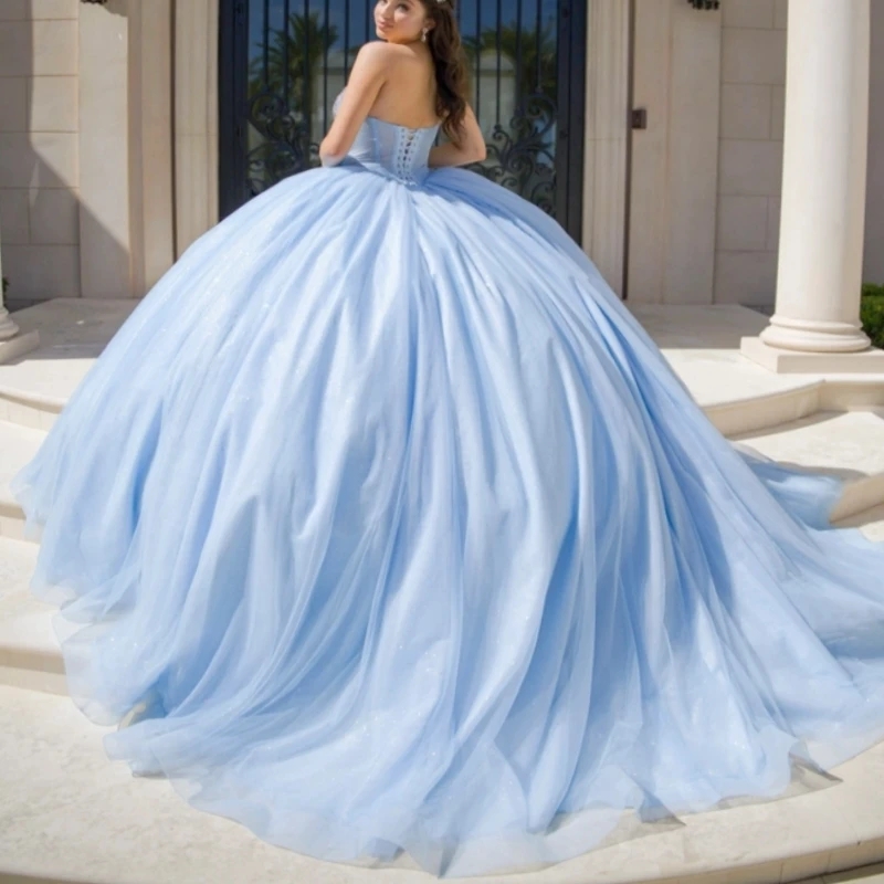 Sky Blue Shiny Quinceanera Dresses Ball Gown Off The Shoulder Beading Crystal Corset Tull Sweet 16 Dress Vestidos 15 De Anos