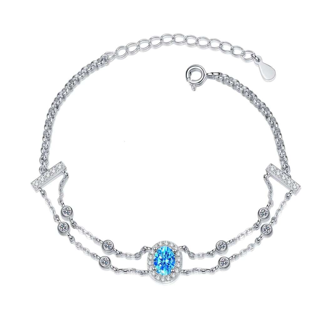 Sterling Sier Moissanite Double Chain Bracelet Trendy Blue Oval Design for Weddings and Parties