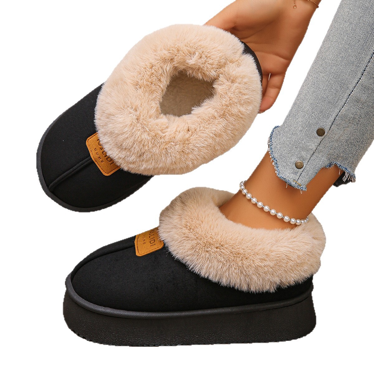 Large size autumn new women's fur snow boots non slip cotton boots thickened wool lining height increasing warm cotton shoes