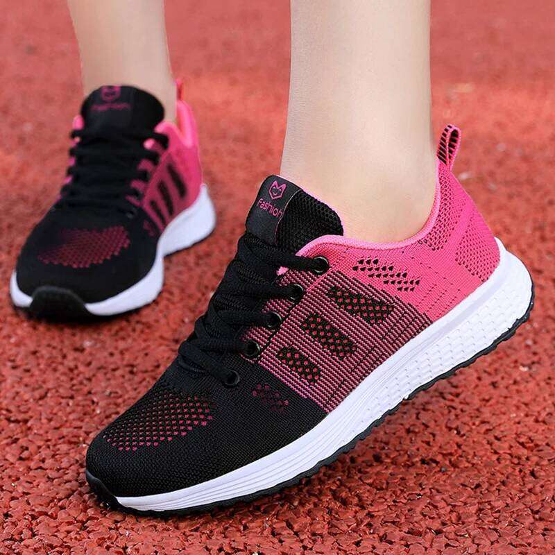 Women Casual Shoes Breathable Walking Mesh Lace Up Flat Shoes black Non slip fashion Sneakers