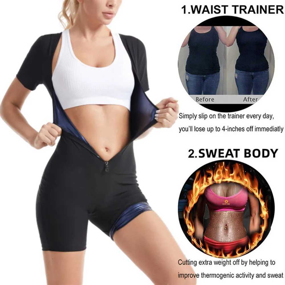 Women Sauna Sweat Shirt Zipper Slimming Sweat Suit for Weight Loss Short Sleeves Fat Burning Waist Body Shaper Sauna Top W250910