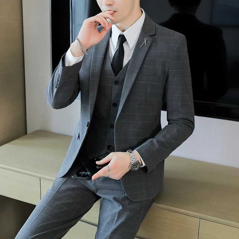 2024 Plaid ThreePiece Suit Set HighQuality Business Fashion Vest Trousers Wedding Casual Handsome Outfit W250910