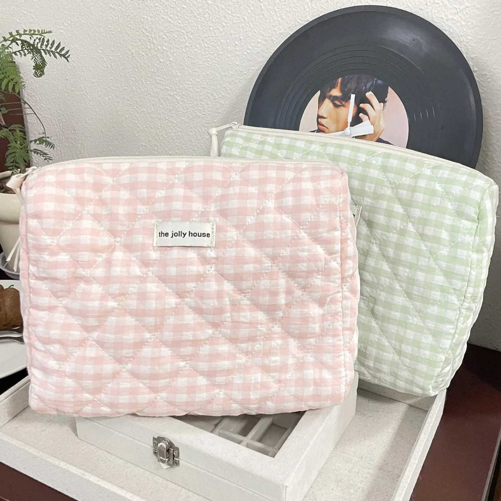 Casual Womens Cosmetic Pouch Large Capacity Travel Storage Bags Simple Plaid Ladies Clutch Handbags Pink Canvas Female BagXJ250910