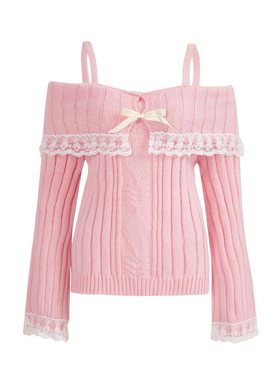 Women's Cold Shoulder Sweaters Long Sleeve Lace Trim Knit Pullovers Bow Front Jumpers Tops Fall Winter Y2K Clothes dongdumaoyi