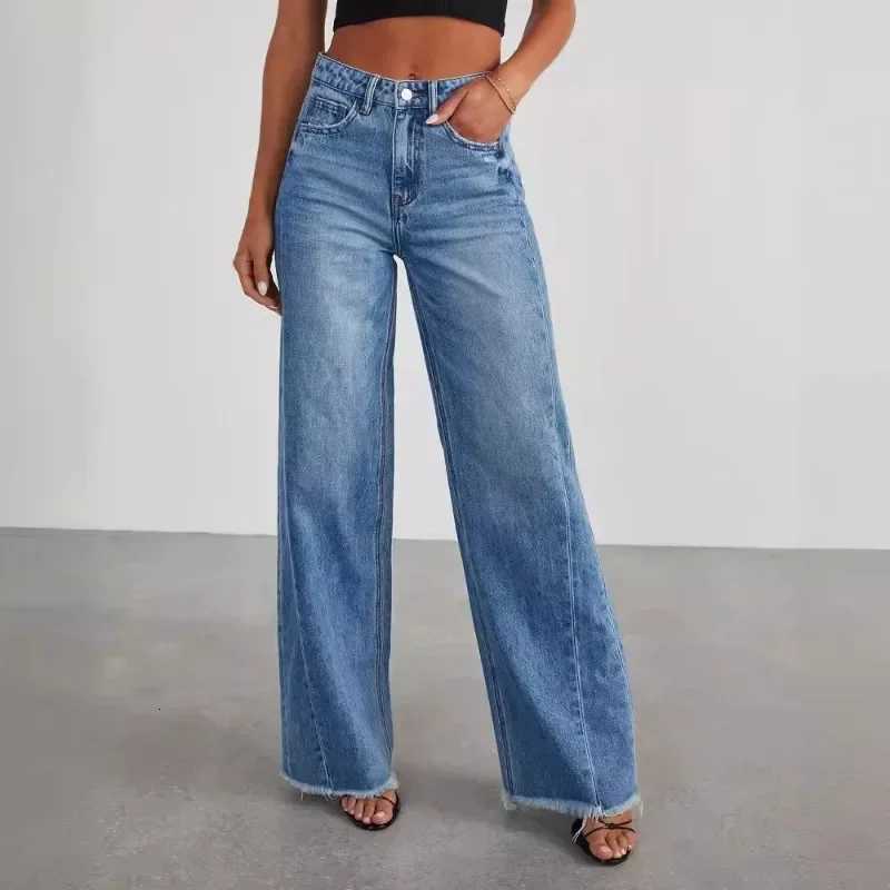 Spring Summer New Womens Clothing Solid Color Loose Wide Leg Side Seam Stitching Frayed Hem Jeans Z250910