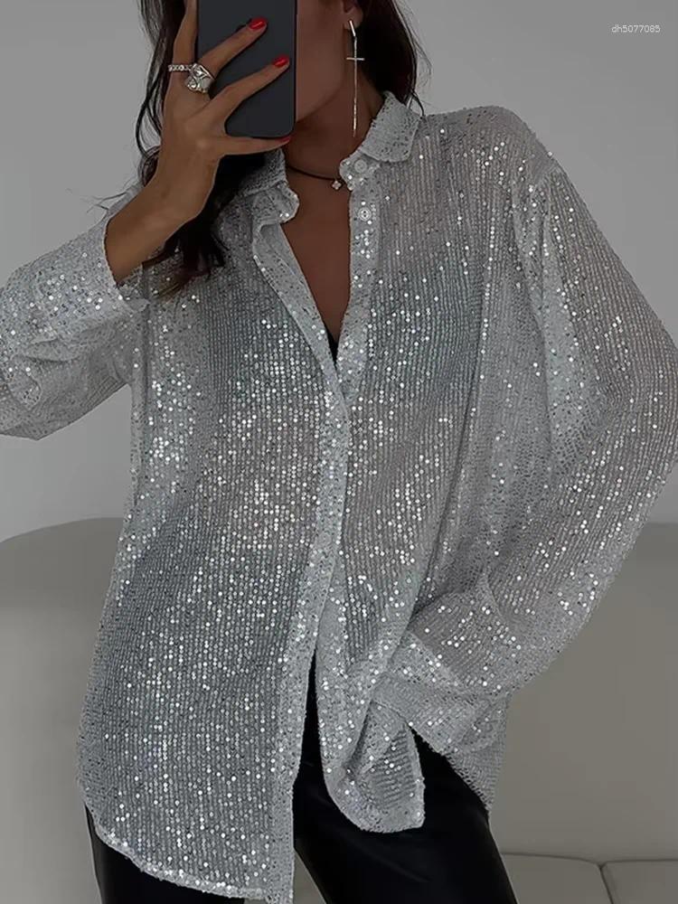 Women's Blouses 2025 Trendy Plus Size Sequin Sparkle Shirt - Vintage Collared Loose Fit Long Sleeve For Spring