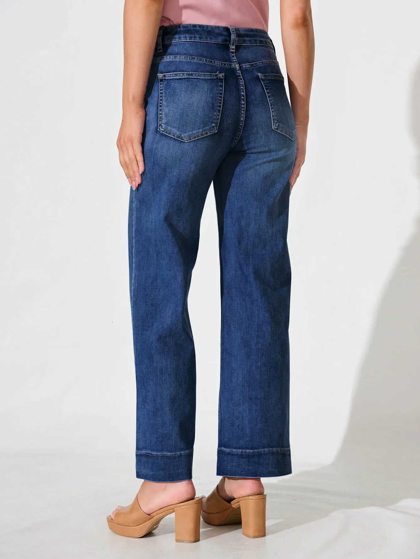 2025 New Womens Dark Blue MidRise Wide Leg Jeans Vintage Stretch Fabric Comfortable Soft Classic Casual Button Placket Jeans Z250910