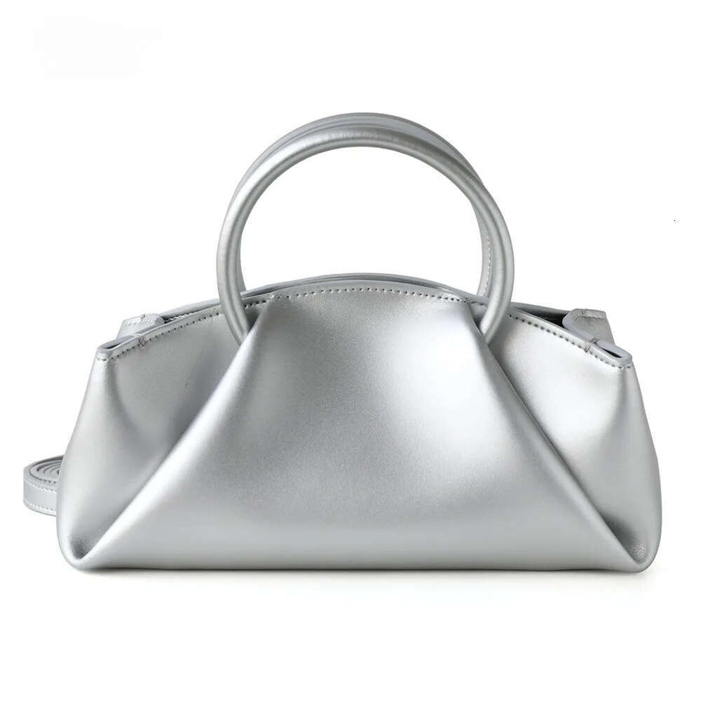 Korean Niche Circular Handheld Cloud Tote Sier Beige Color Plain Cow Leather Women Crossbody Bag Leisure Handbag