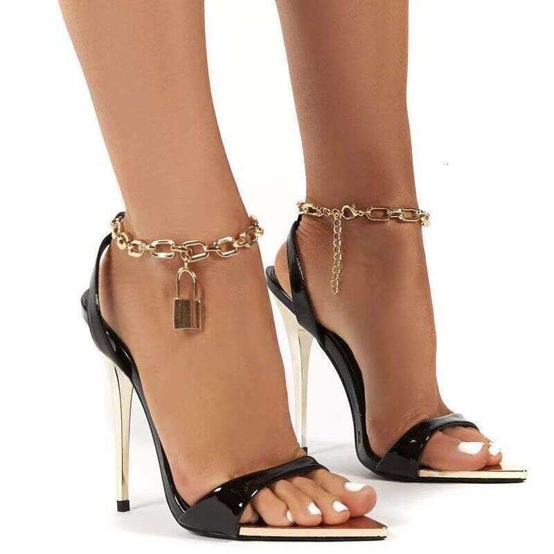 2025 Cross-Border Foreign Trade Large Size New Women's Shoes Candy-Colored Pointed Toe Stiletto High-Heeled Fashion Sandals Metal Chain Spot