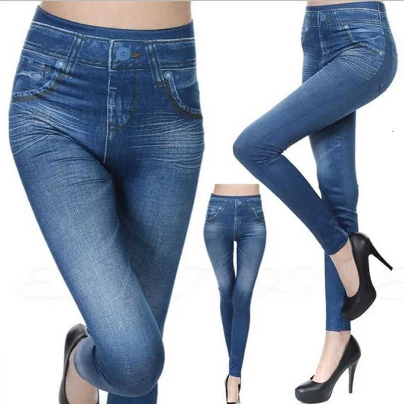 1pcs Womens Denim Print Leggings Females Fashion Slim Leggings Faux Jeans Leggings Lady Stretch Printed Tights Black Blue Pants Z250910