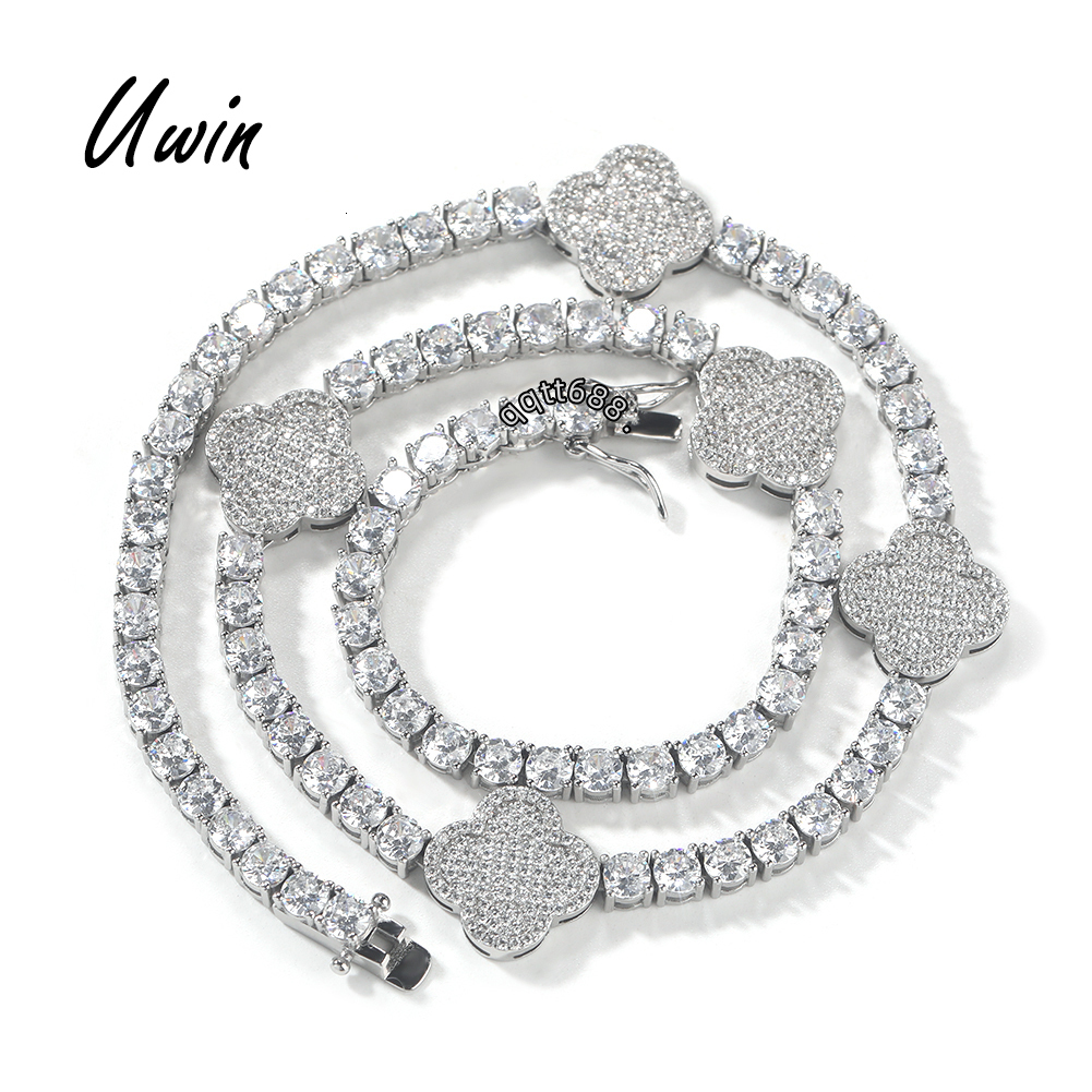 UWIN Big 15mm 4 Leaf Clover Necklace 18K Gold Plated 5A CZ Crystal Clover Flower Tennis Chain Bracelet Necklace