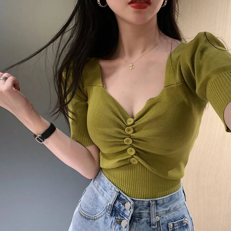Women's Short Sleeve Knit Top with Button Front Sweetheart Neck Sweater Summer Office Lady Knitwear Korean Chic Elegant Outfit dongdumaoyi
