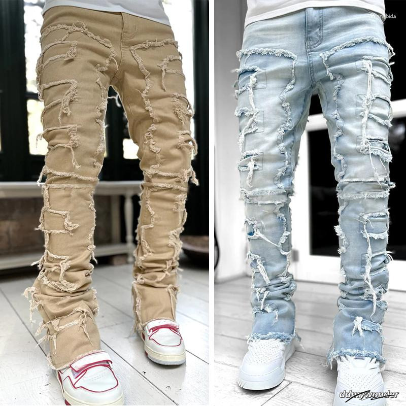Men's Jeans Autumn Solid Fashion Mid Waist Patchwork Long Pants Male Streetwise Stretch Patch For Men Bottom Baggy Clothing