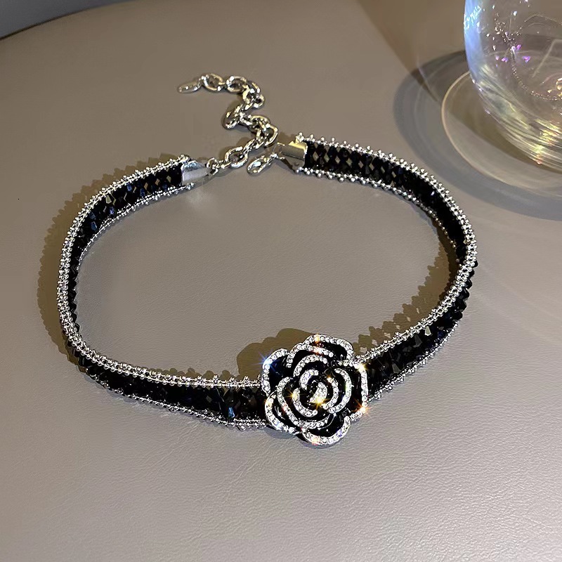 Black Camellia Oil Drip Necklace Style Inlaid Dia Choker Collarbone Chain Korean Version Light Niche Design Sense for Women