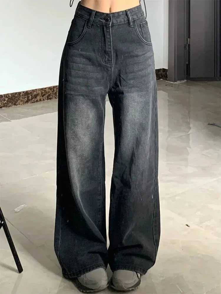 Botvotee Vintage Womens Black Grey High Waist Jeans Y2K Fashion Baggy Loose Straight Wide Leg Baggy Denim Trousers Pants Z250910