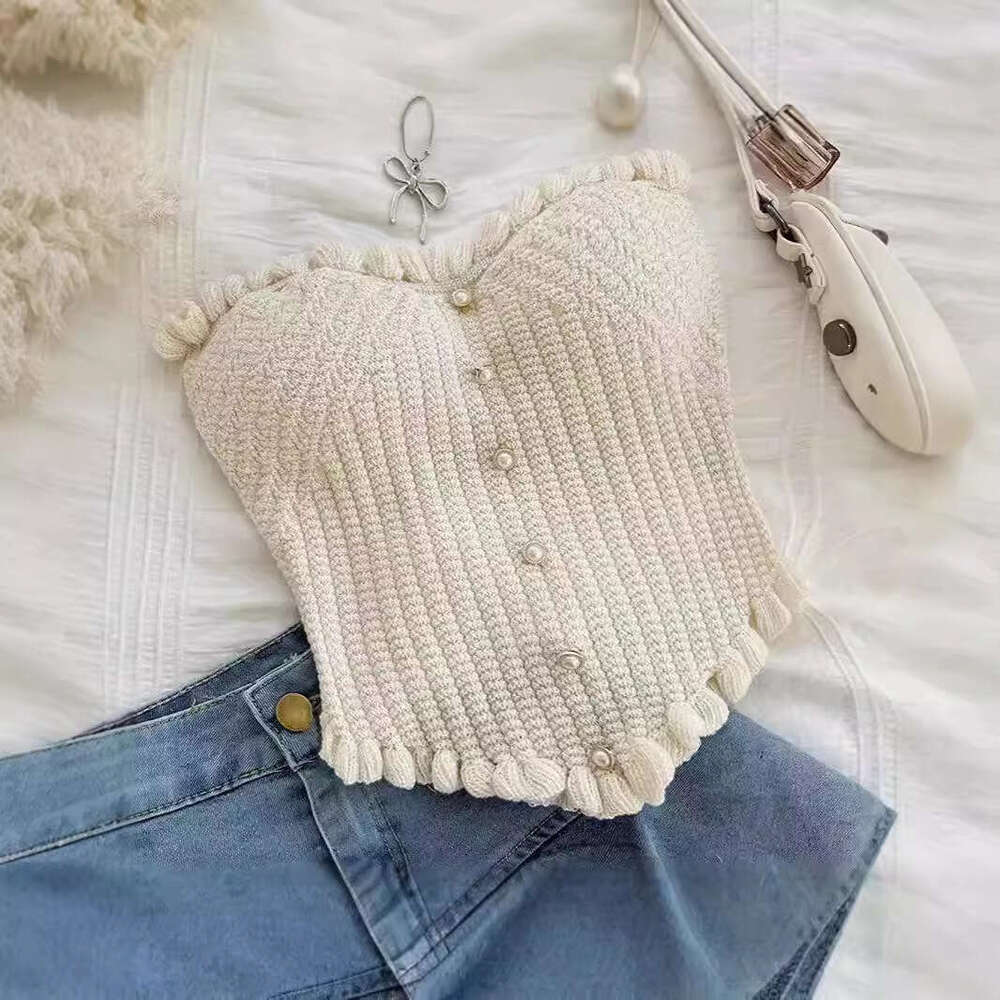 Fashionable Sexy Versatile Heart White Pearl Decorated Knitted Tube Top For Women B3