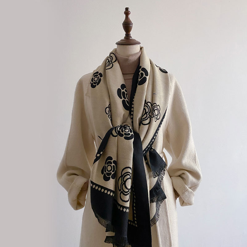 Summer 2024 New Camellia Cashmere for Women, Decorative Double-Sided Shawl, Long Jacquard Versatile Warm Neck Scarf