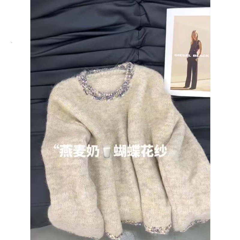 2025 French New Thick Craftsmanship Shiny Knitted Sweater Grey Women's Sweater Autumn/Winter Plus Size Fat MM Basic Shirt design Lightweight Desi