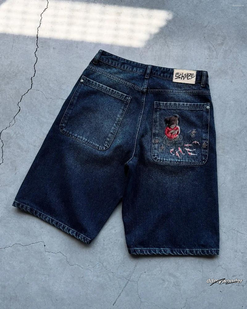 Men's Shorts Fashion Cherry Blossom Pocket Embroidery Jeans Men Women Retro Baggy Black Denim Short Jorts Hip Hop Streetwear Pants