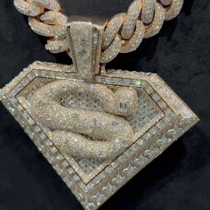 25inch Width Fancy Cut 3D Design Emerald Cut Setting Lab Grown Diamond Custom Name S Pendant 10K Rose Gold VVS1