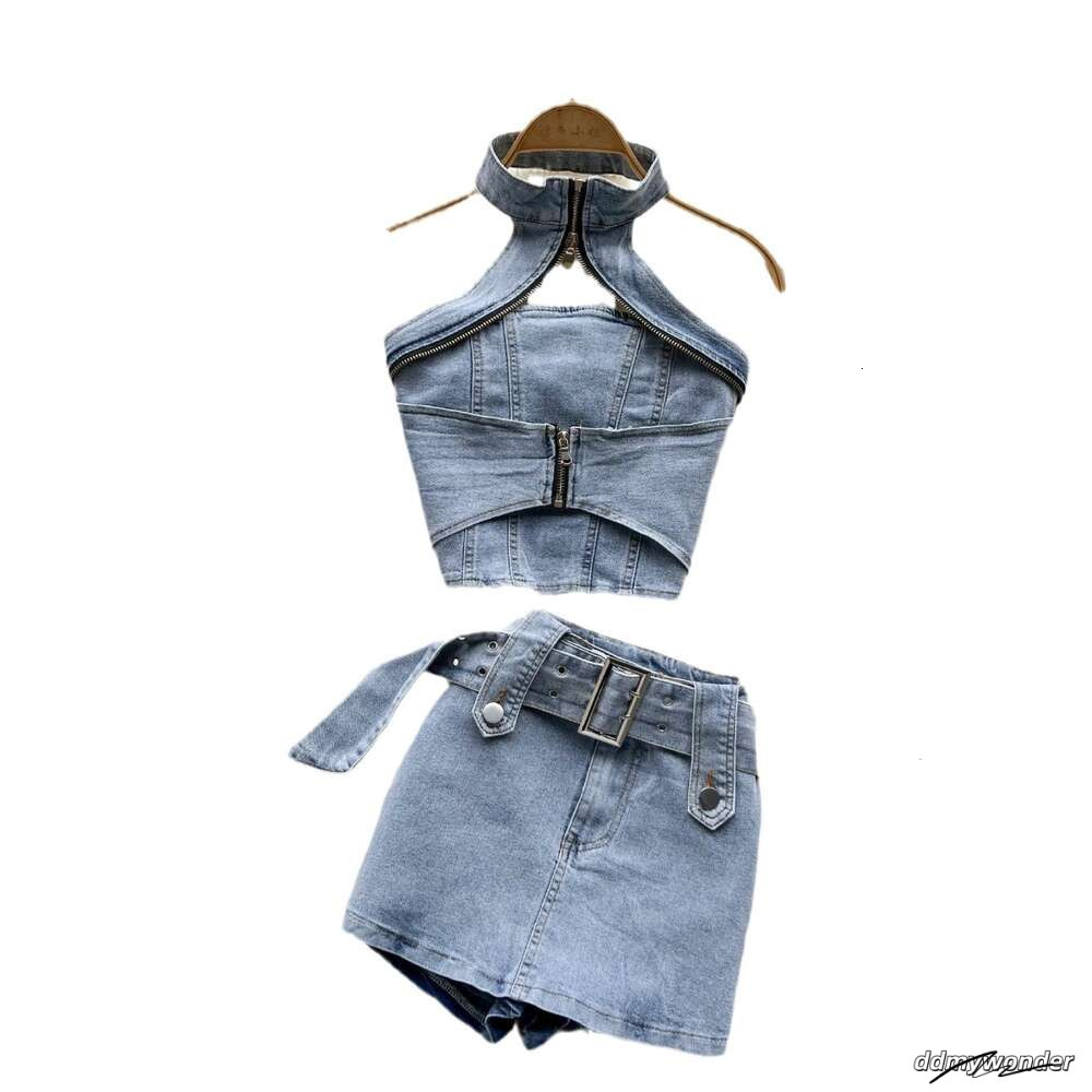 Fried Street Spicy Girl Cowboy Womens Summer New Hanging Neck Short Top Half Skirt Two Piece Set ddmywonder ddmywonder