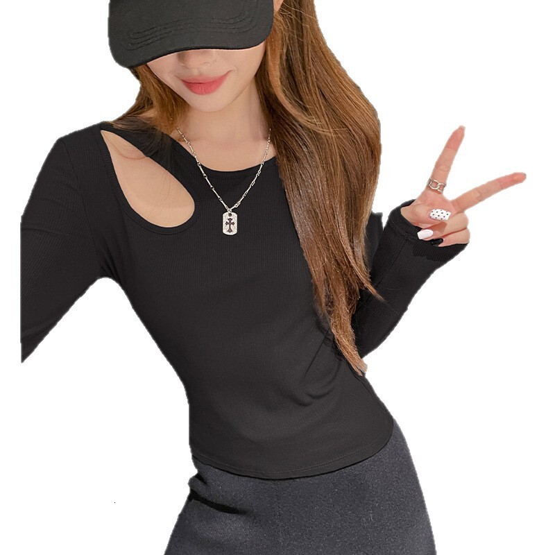 2025 early autumn new regular shoulder long sleeved women's basic design shirt for wearing inside and outside, sexy hollow out high-end slim fit 