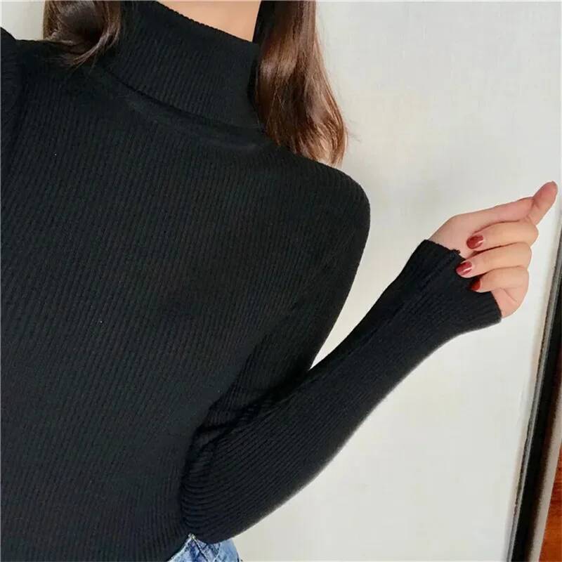 Autumn Winter Thick Women Knitted Ribbed Pullover Sweater Long Sleeve Turtleneck Slim Jumper Soft Warm Pull Femme dongdumaoyi