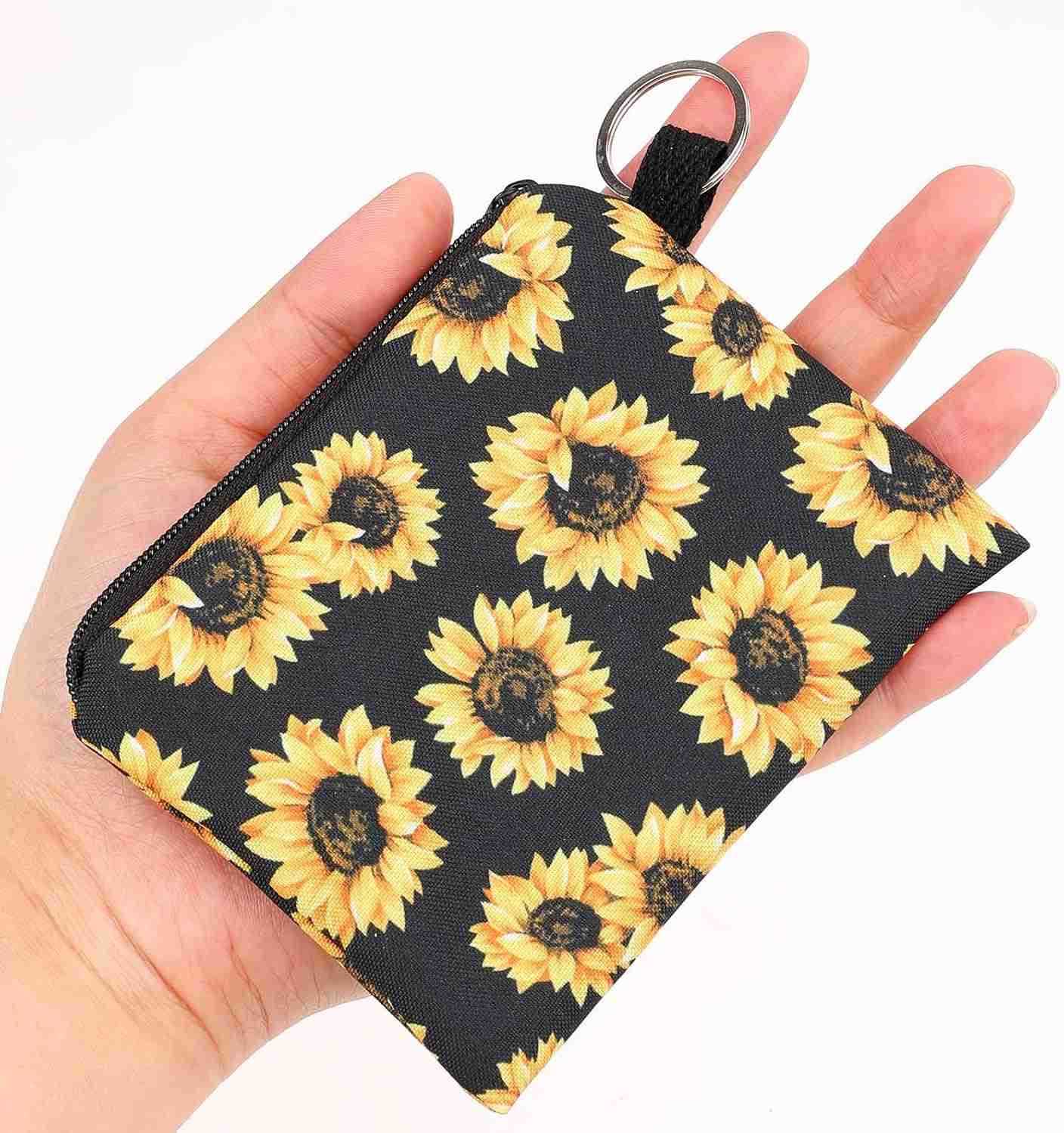 2 Pcs Sunflowers Coin Purse Fabric Coin Pouch with Key Ring Zipper Heart Coin Bag Small Black Canvas Purse Pouch Travel Portable Keychain WalletZ25091