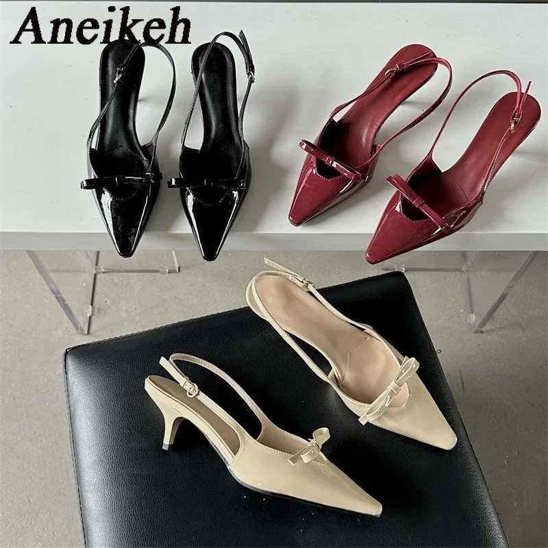Aneikeh 2025 SummerDesigner Bowknot Buckle Strap Pumps Women Sexy Pointed Toe Thin Heels Wedding Banquet Dress Mule Ladies Shoes W250910