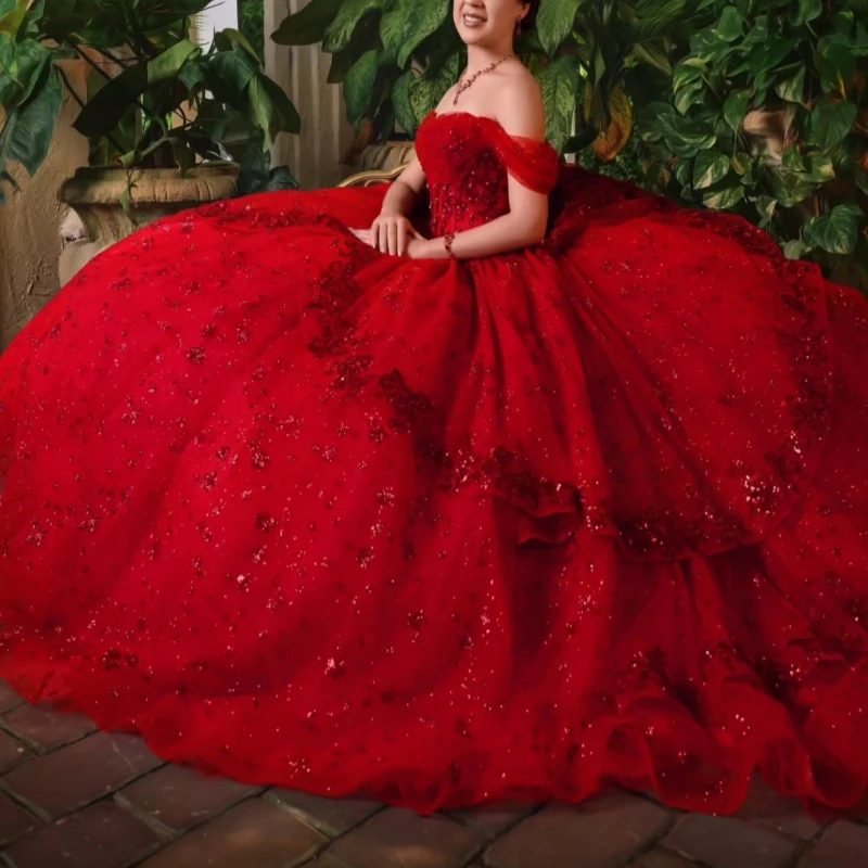 Red Shiny Quinceanera Dresses Ball Gown Off The Shoulder Sequin Applique Lace Beads Tiered Tull Sweet 16 Dress Vestidos 15 De Anos