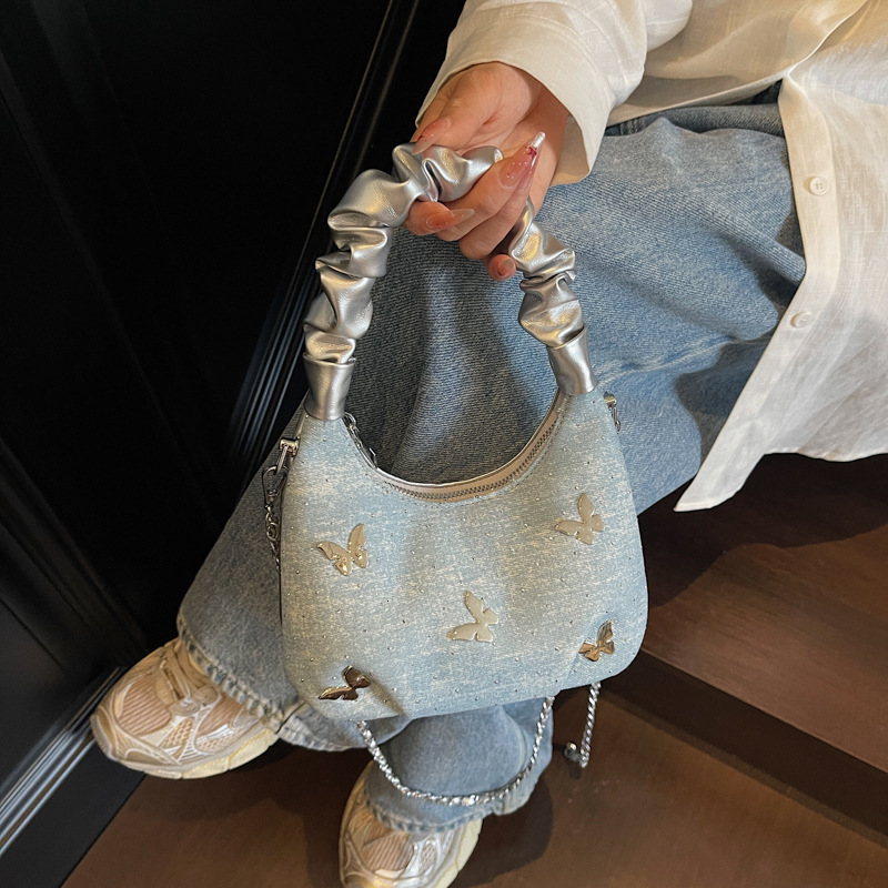 2025 autumn new Korean fashion light luxury butterfly niche design versatile trendy handbag women's bag denim dumpling bag designer bag
