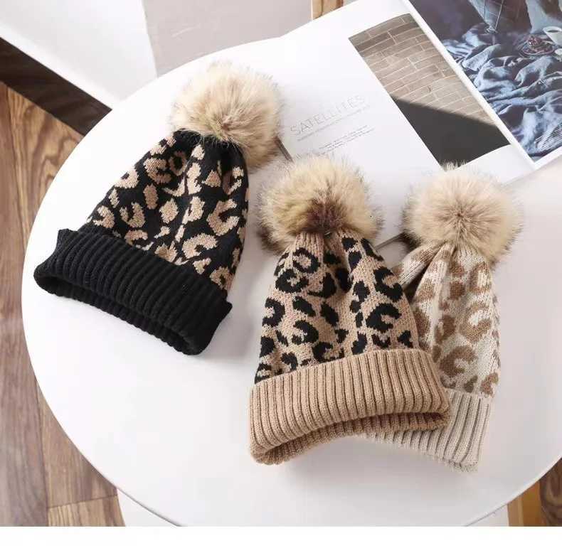 Women Knit Beanie Winter Warm Slouchy Hat with Leopard Print Faux Fur Pom Folded Brim Skull C for WomenXJ250910
