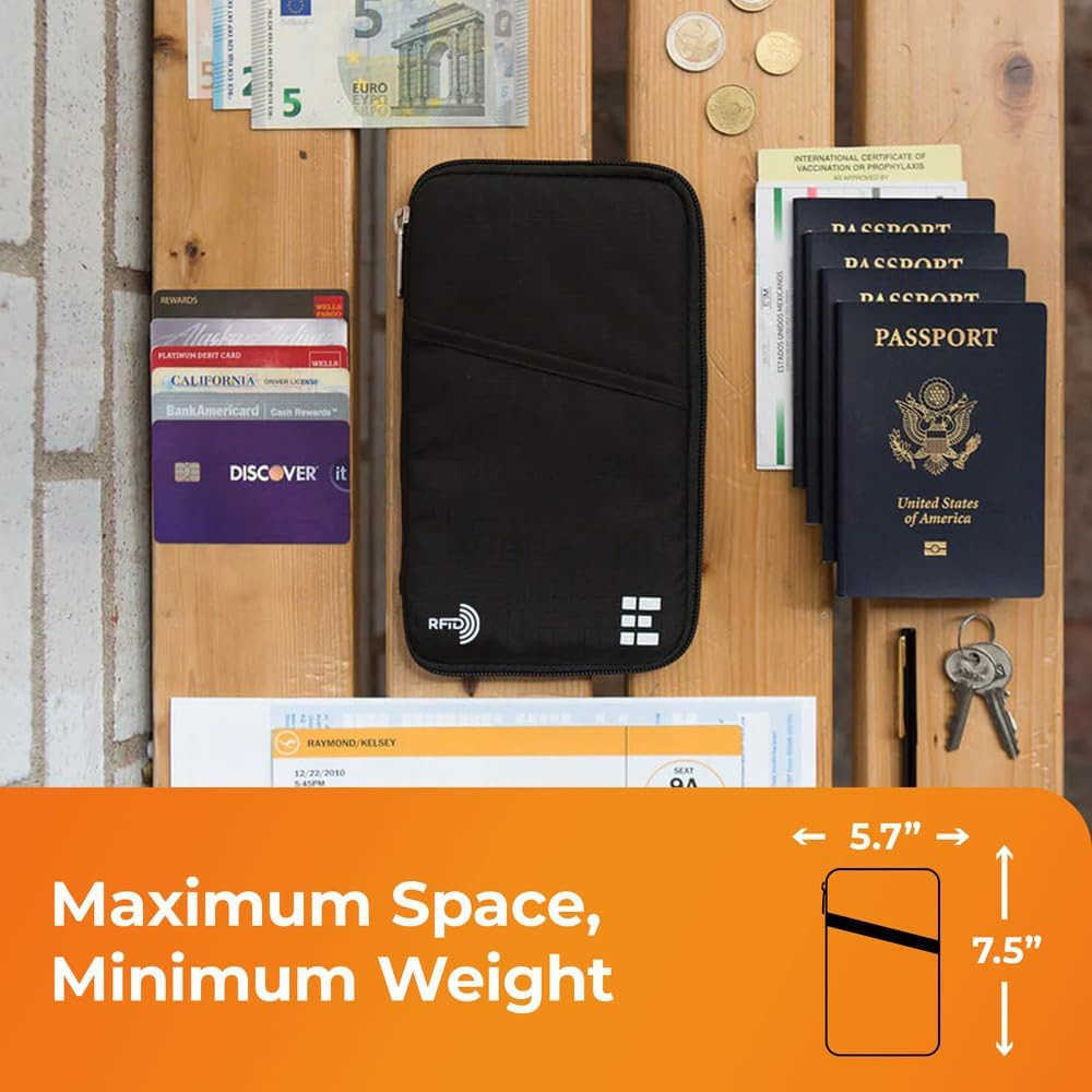 Passport Holder Travel Wallet with RFID Blocking Premium Document Organizer Case for Men and Women Holds Passports Cards Tickets ID Cash Compact Zippe