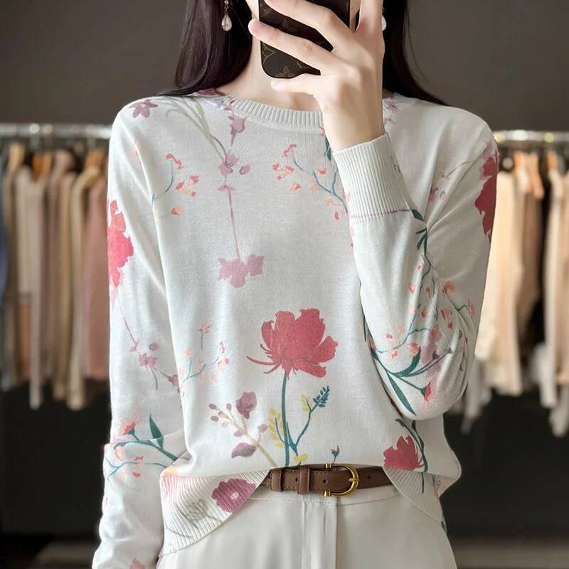 Autumn Winter New Worsted Wool And Mulberry Silk Printed Round Neck Sweater Fashion Joker Knit Loose Bottoming Shirt Top dongdumaoyi